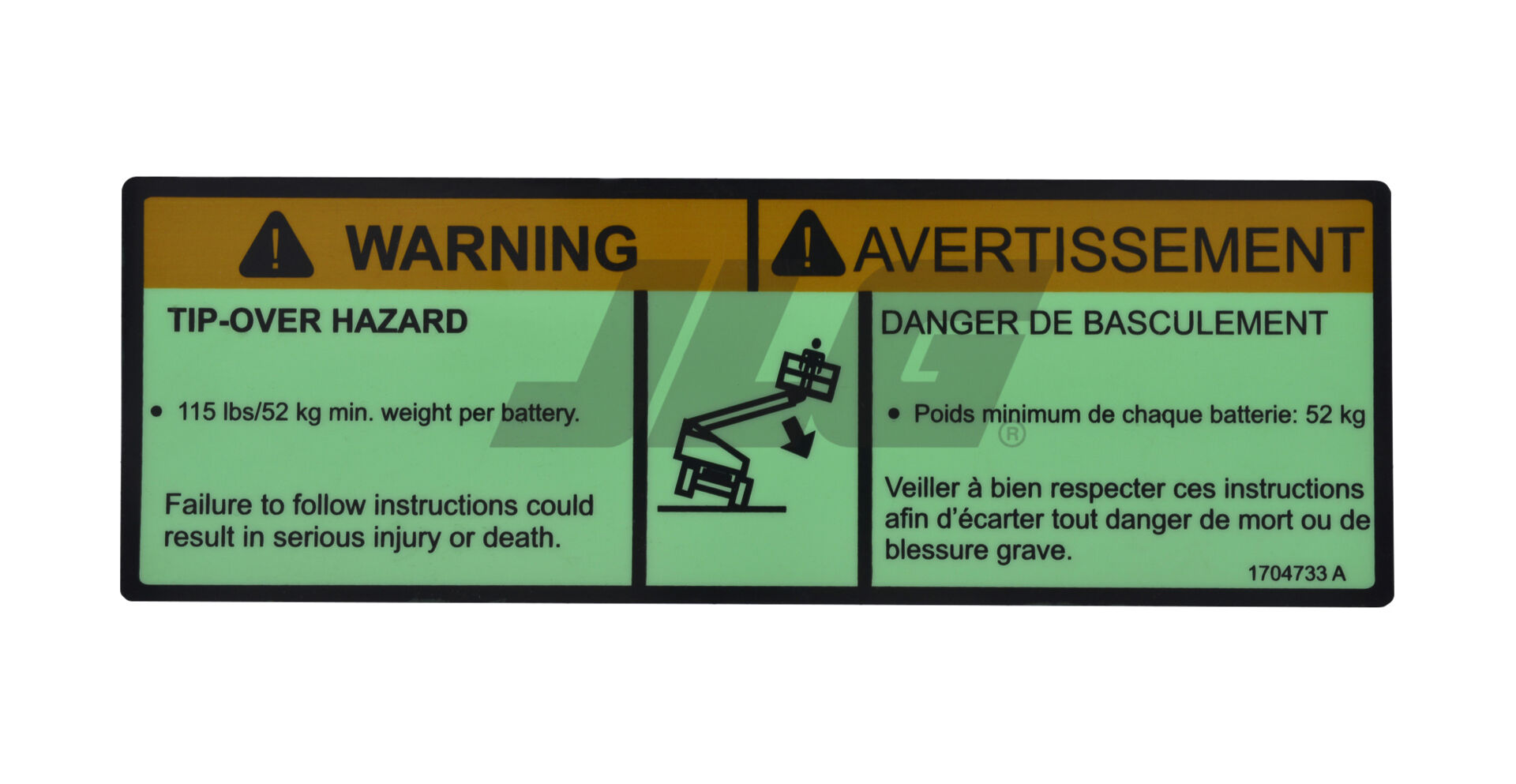 1704733 Fre) Tip-Over Hazard (Eng Decal | JLG