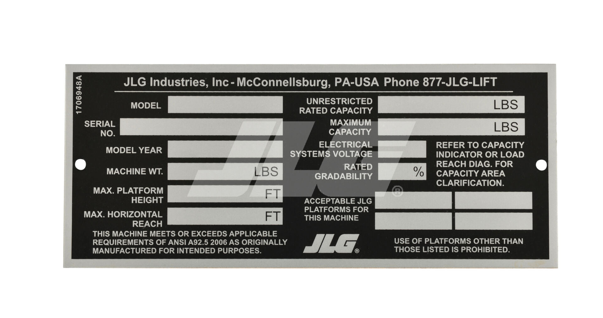 1706948 Manufacturer'S Nameplate | JLG