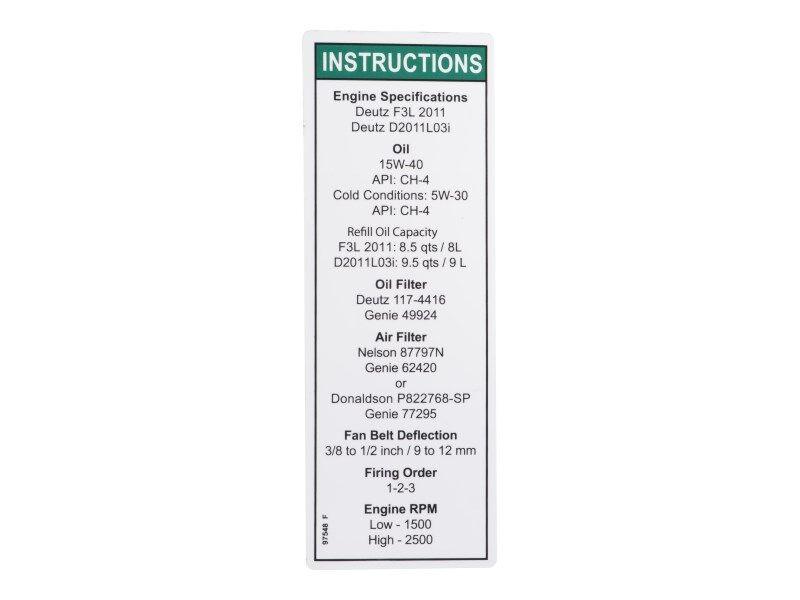 97548 Deutz 2011 Engine Spec Decal | Genie