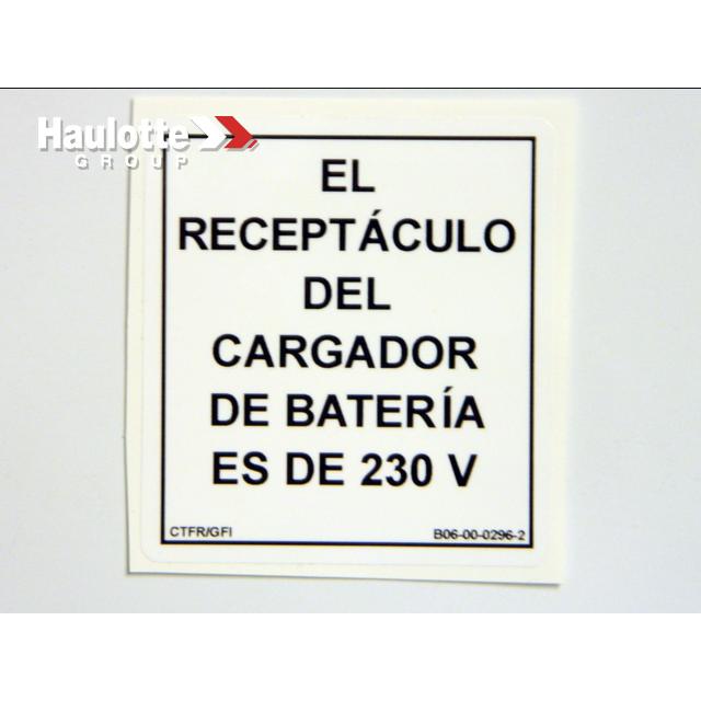 B06-00-0296-2 Decal-Battery Charger Receptacle-Spanish-Black On White | Genuine Haulotte