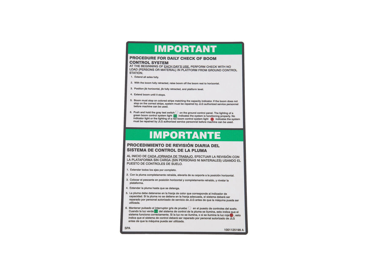 1001125199 Decal, Bcs Daily Chk (Eng, Spa) | JLG