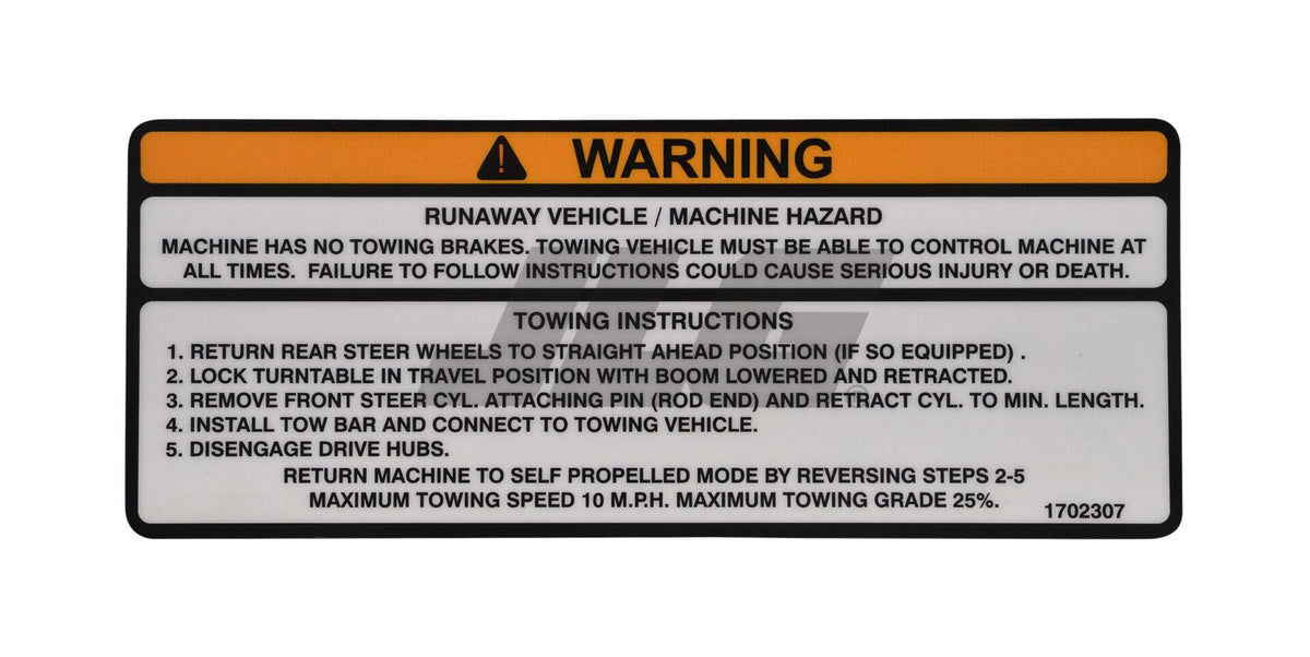 1702307 Decal, (Tow Instr, 4WD) | JLG