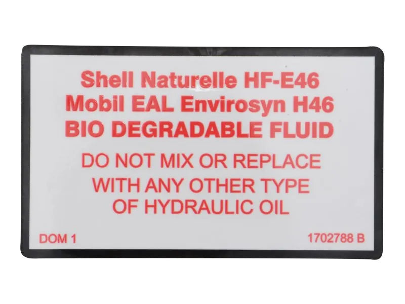 1702788 Decalcomania, olio idraulico biologico (D/C/A/E, motore) | JLG
