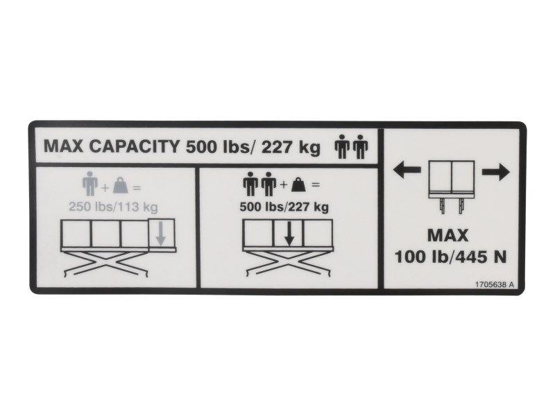 1705638 Capacity (500Lb -230 Kg) Decal | JLG