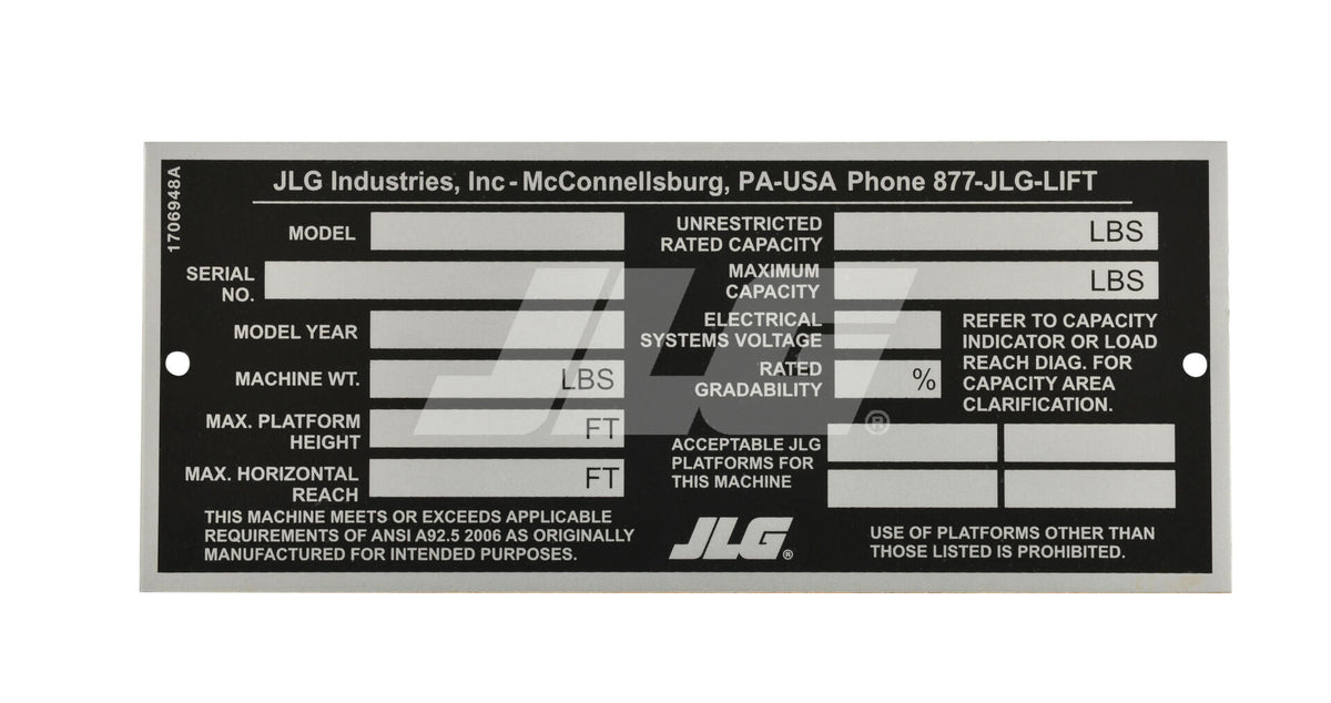 1706948 Nameplate, Manufacturer'S | JLG