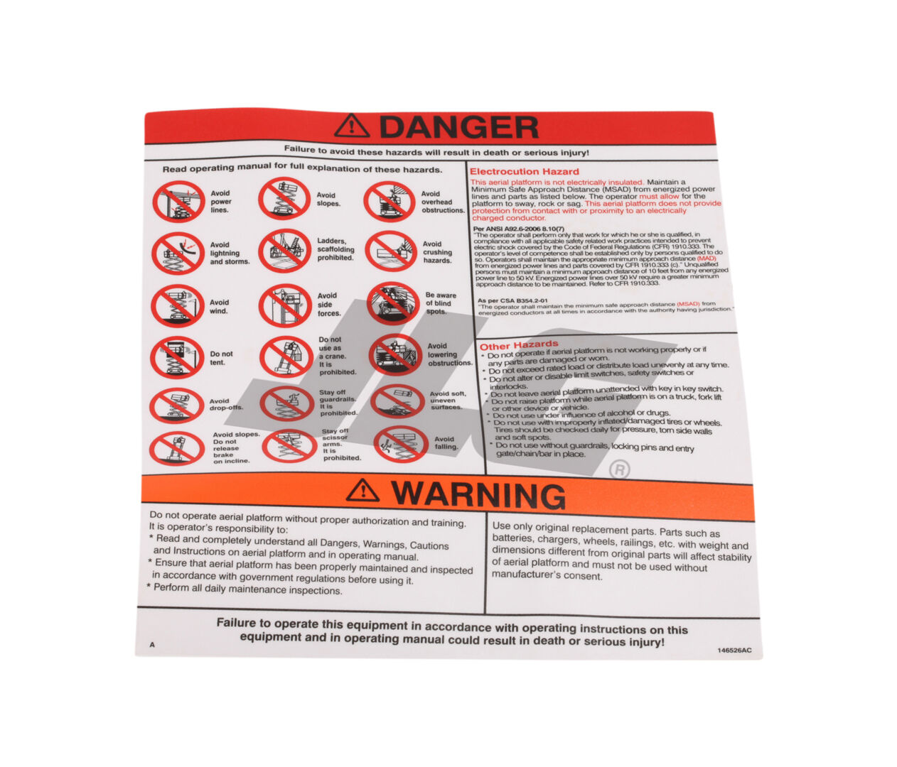 70040623 Danger/Warning Decal | JLG