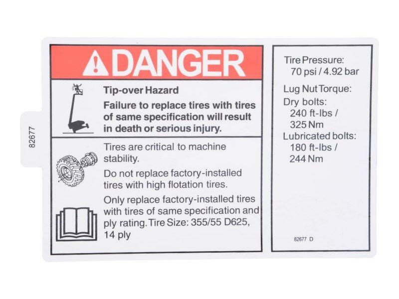 70041485 Danger Tire Spec Decal | JLG
