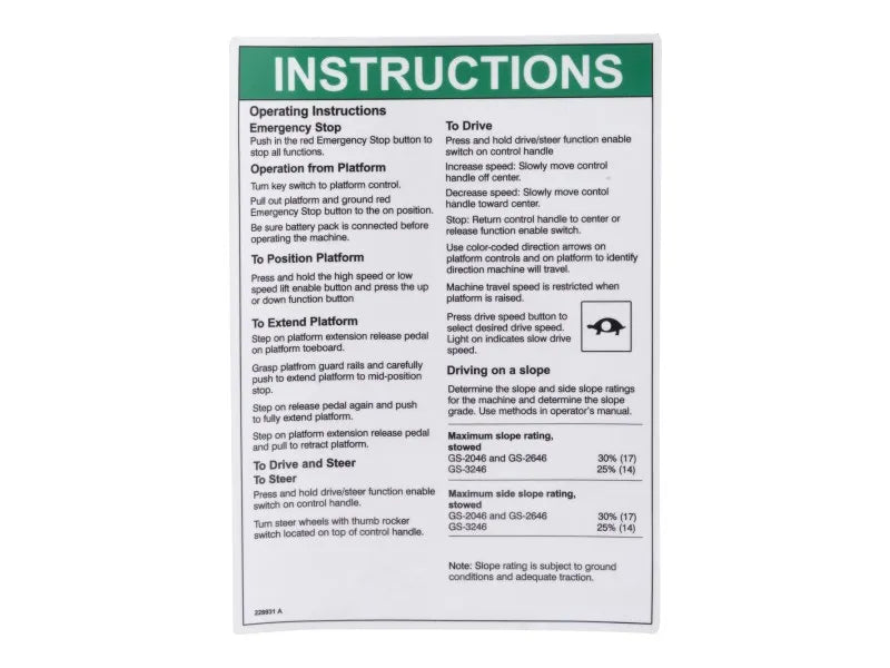 70042028 Decal, Operating Instructions | JLG