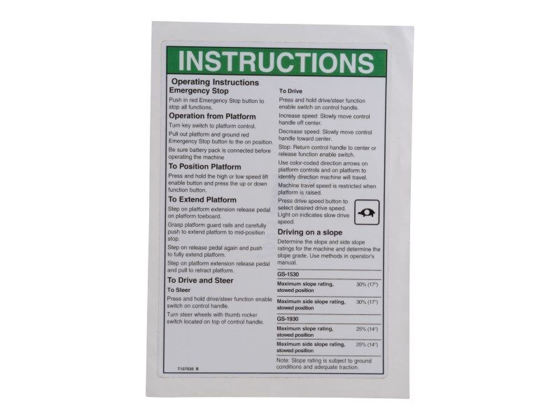 70043613 Decal, Op Inst, Pcon, Gs-30 | JLG