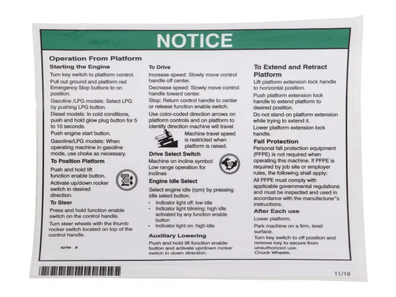 70046544 Op Inst Platform Notice Decal | JLG