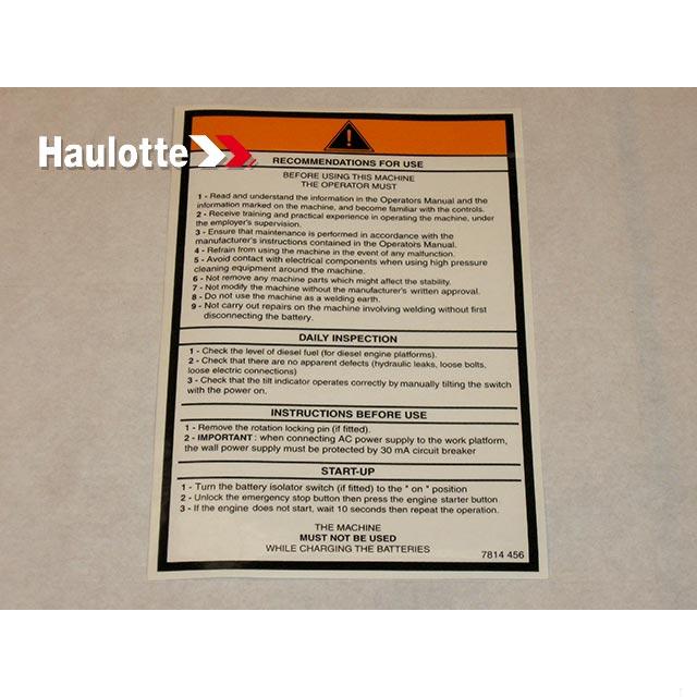 3078144560 Operating Instruction Label | Genuine Haulotte