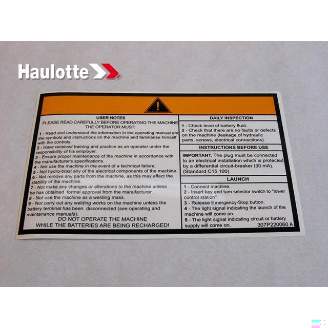 307P220060 Operating Instructions Label | Genuine Haulotte