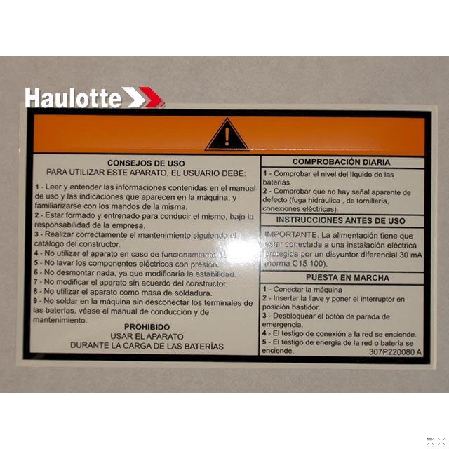 307P220080 Operating Instructions Label | Genuine Haulotte