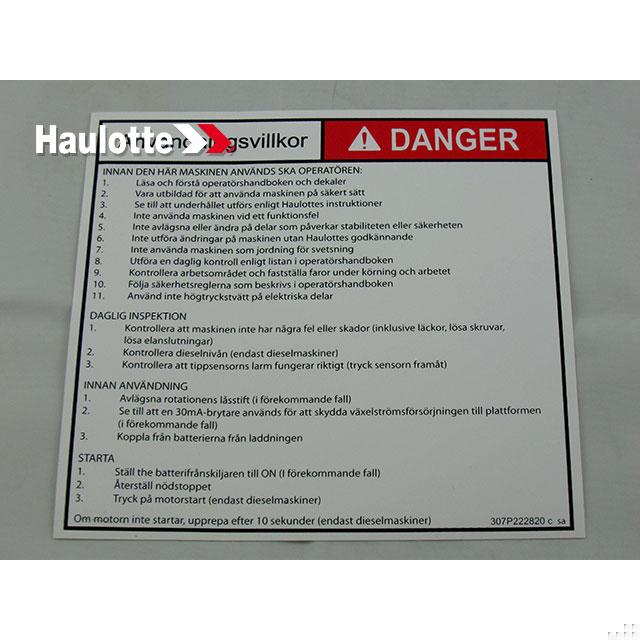 307P222820 Operating Instructions Label | Genuine Haulotte