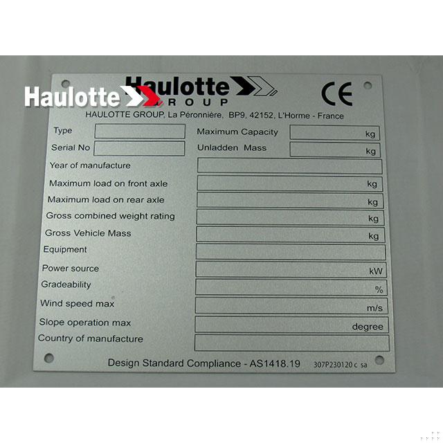 307P230120 Manufacturer Plate | Genuine Haulotte