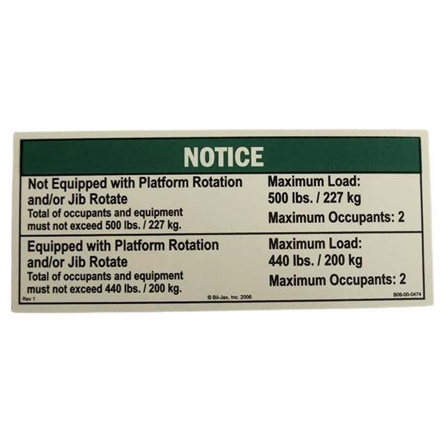 B06-00-0474 Decal-Notice-Platform Maximum Capacity | Genuine Haulotte