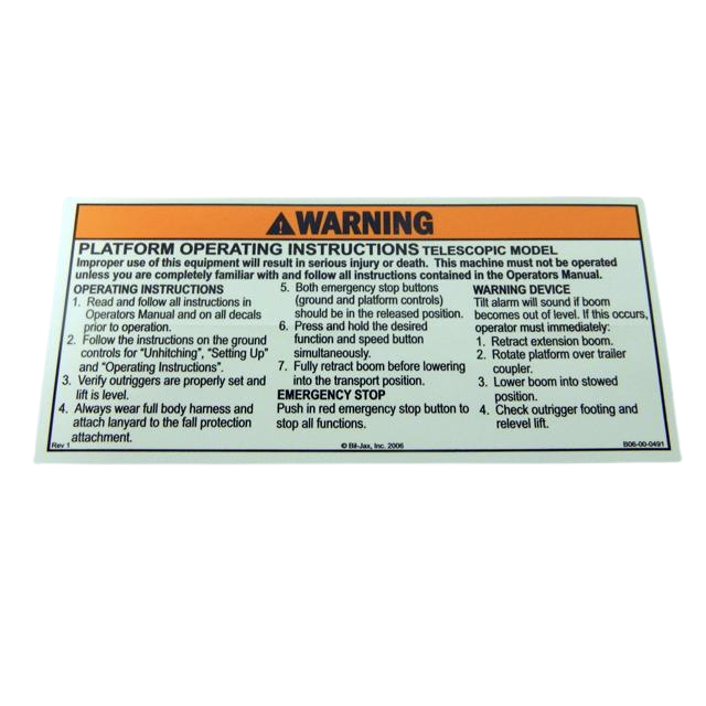 B06-00-0491 Decal-Warning-Platform Operation-3632T | Genuine Haulotte