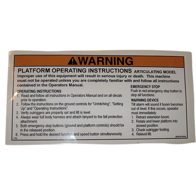 B06-00-0534 Safety Orange And Black Decal-Warning-Platform Operation-Articulating-7.5 X 3.5 | Genuine Haulotte