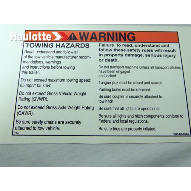 B06-00-0544 Decal-Warning-Tow Hazard 65 Mph | Genuine Haulotte