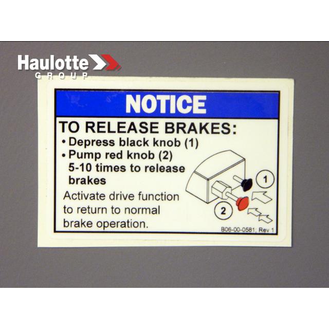 B06-00-0581 Decal-Notice-Brake Release-X-Booms | Genuine Haulotte