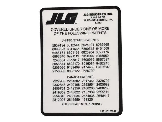 1001131269 BOOMS PATENT DECAL | JLG