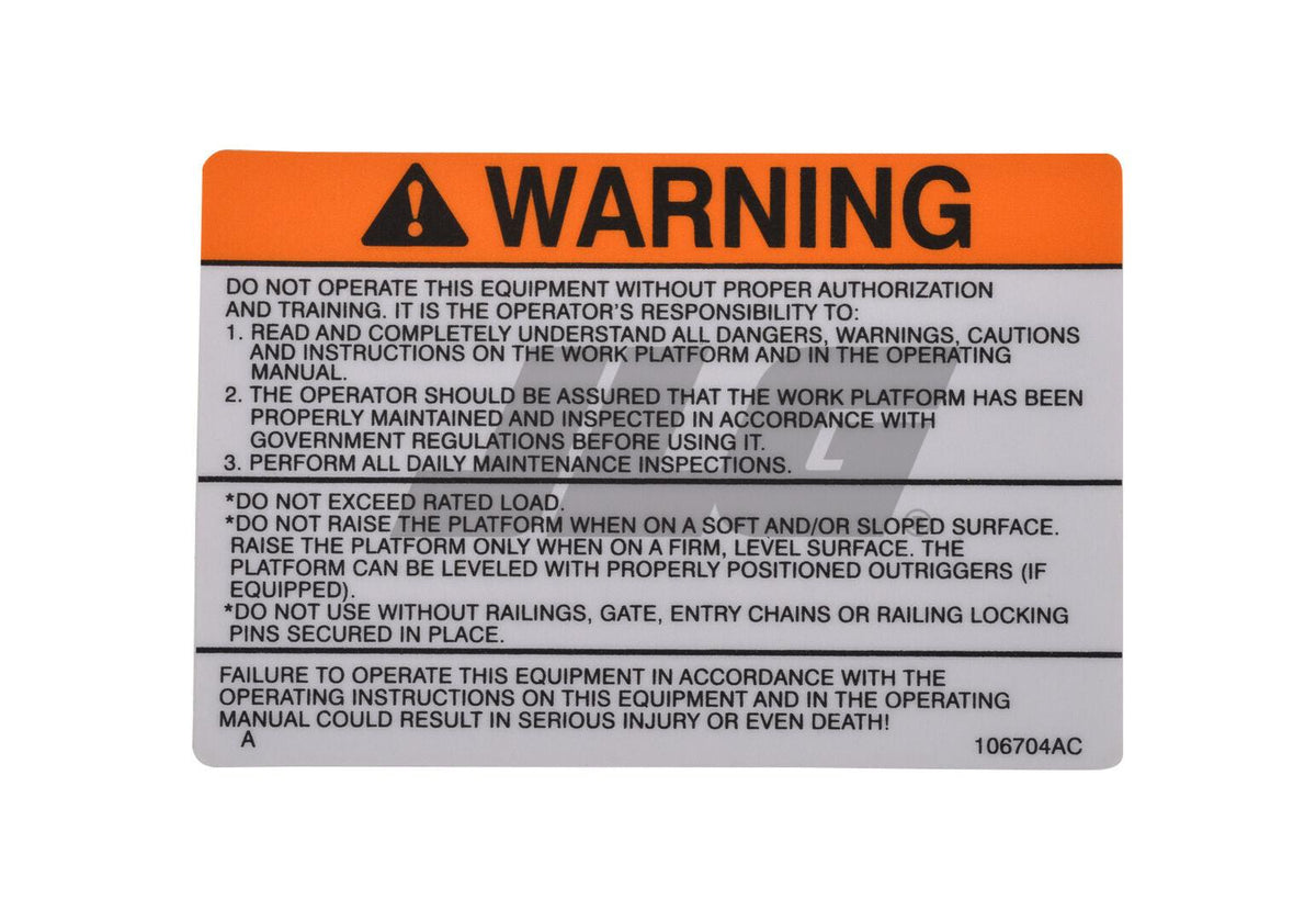 106704 Label, VL, Warning | Genuine Skyjack