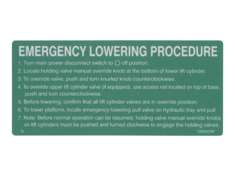 109441 Emergency Lowering Decal | Skyjack